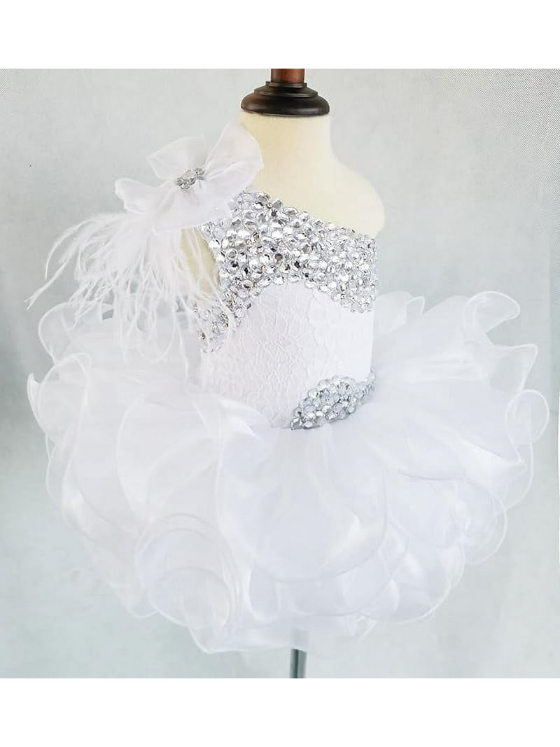 open lace back dress Newborn Baby Girl Birthday Baptism Dress One Shoulder Puff Sleeves Princess Dress 80 (9-12M) / Pink main image 0