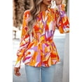 thumbnail image 4 of Round Neck Shirred Floral Print Peplum Long Blouse for Women White Medium, 4 of 5
