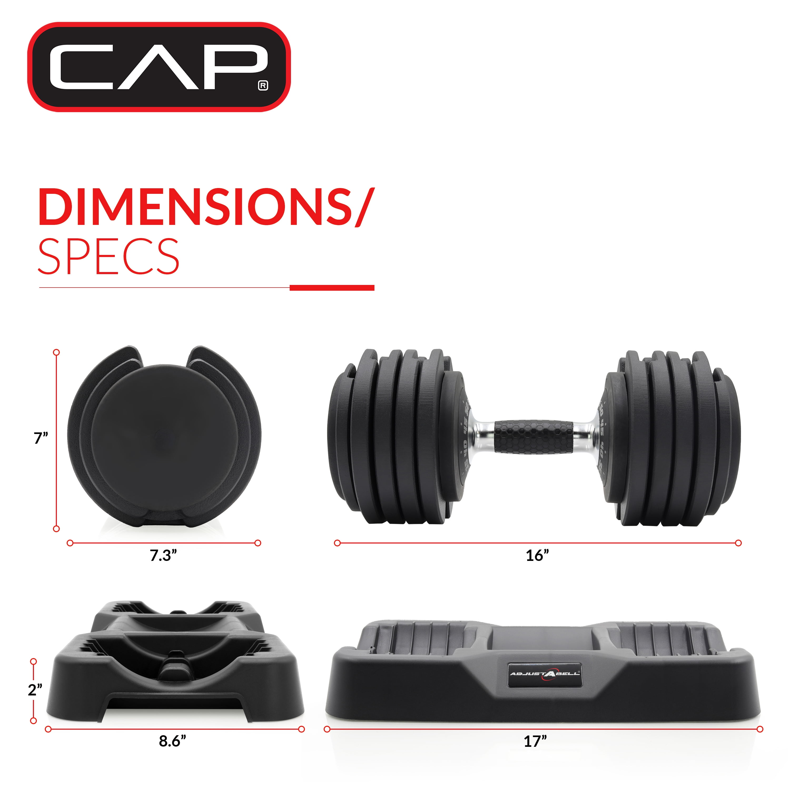 CAP Barbell 10-in-1, 55lb ADJUSTABELL® Dumbbell, (10 15 20 25 30 35 40 45 50 55 lb) in 5lb Increments