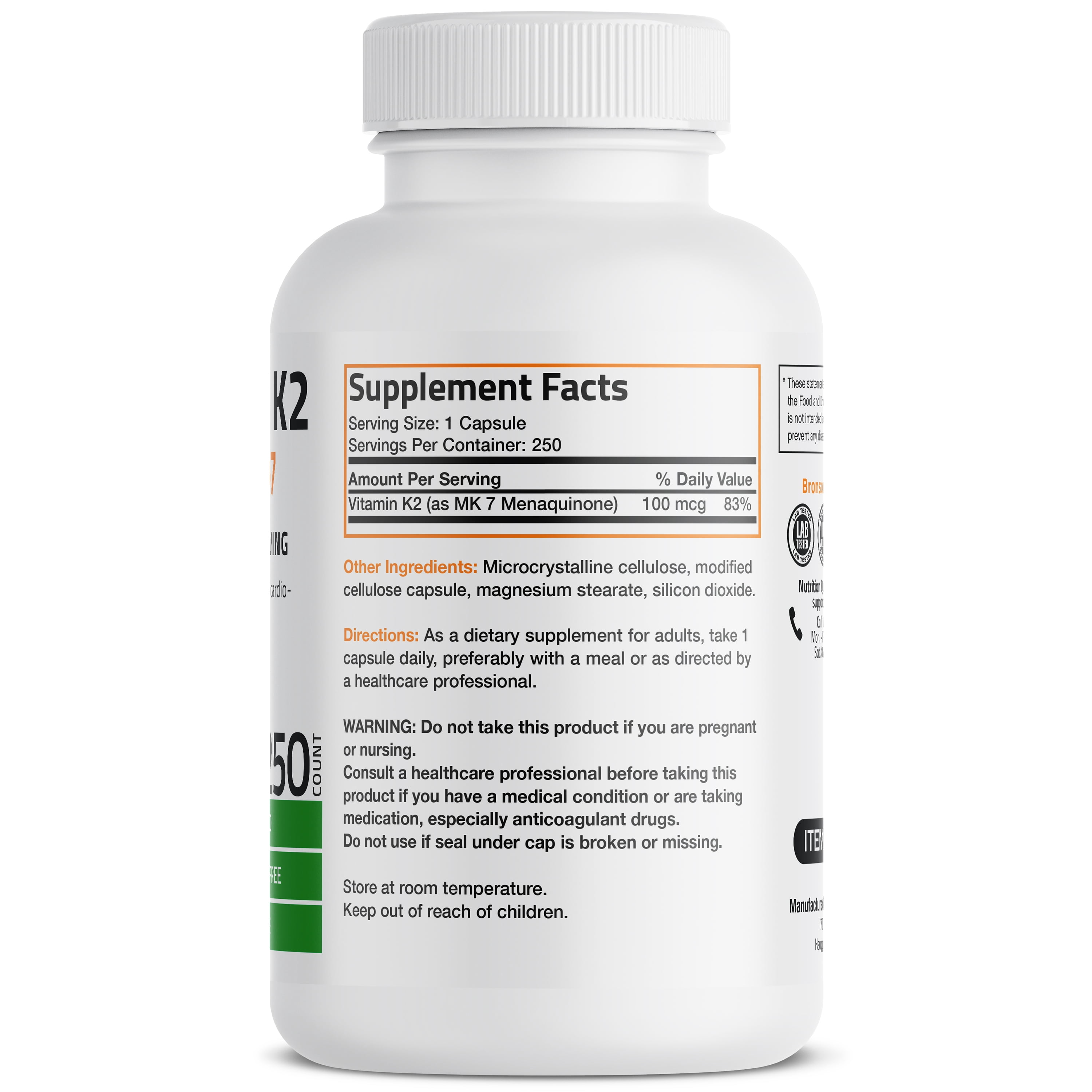 Bronson Vitamin K2 as MK-7 Menaquinone 100 mcg (per serving) - Non-GMO, Gluten Free, Soy Free, 250 Capsules