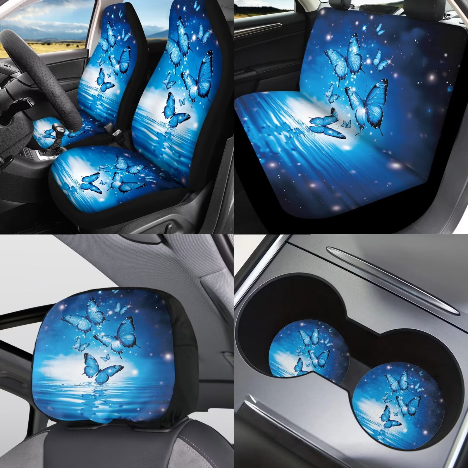 Jeiento Blue Butterfly Car Seat Covers Set 11 Pack, with Auto Seat Covers Keychain Headrest Cover Cup Coasters Handbrake Cover Gear Shift Knob Cover Auto Accessories Decor