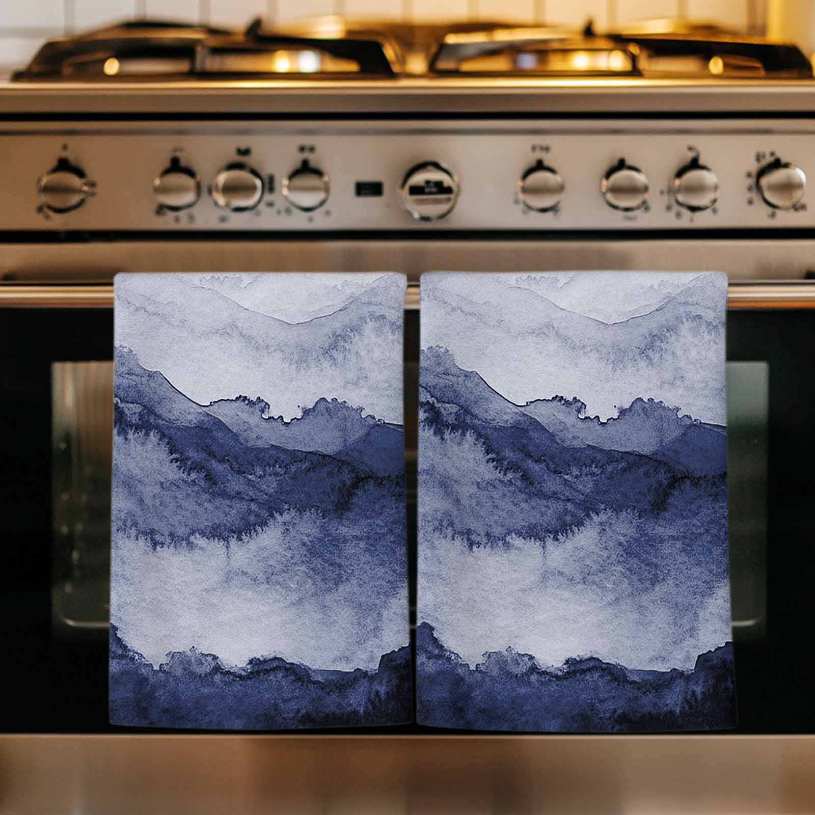 Dish Towels, Navy Blue Mountain Absorbent Kitchen Towels 2 PCS, Ombre Abstract Natural Microfiber Hand Towels Dish Cloths Tea Towels for Home&nbsp;Bathroom Cleaning Drying,18X28-Inch,