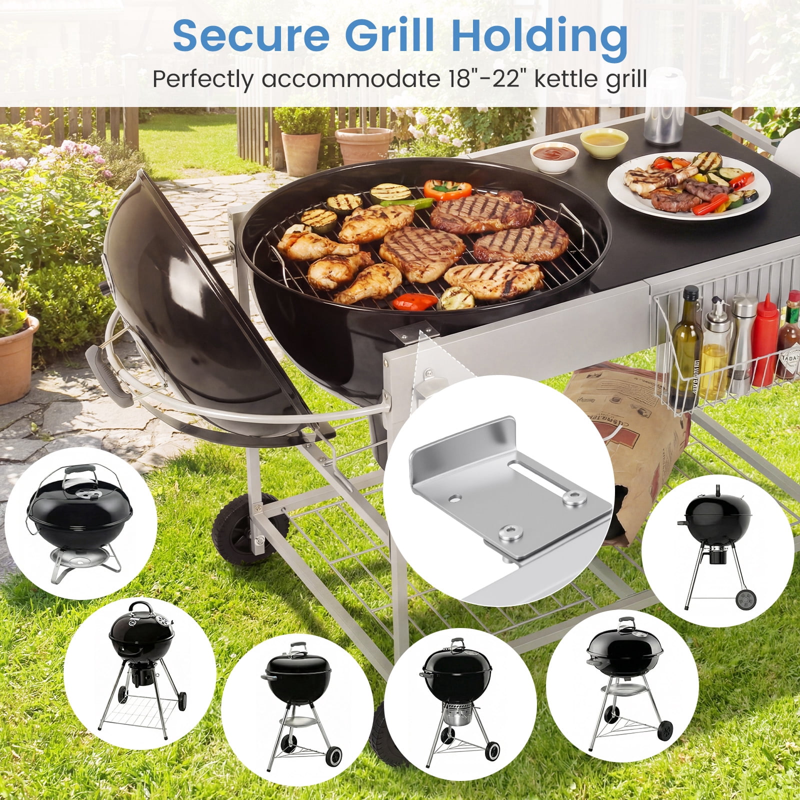 Costway Outdoor Grill Table for 18” & 22” Weber Original Kettle with Wire Rack, Garbage Can