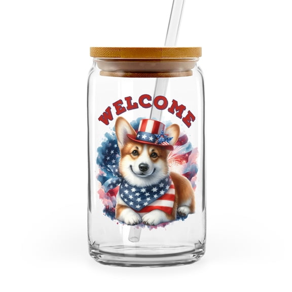 Corgi Patriotic Welcome for 4Th of July Independence Day 16oz Glass Cup Mug Welsh Corgi Dog Lover Gifts Idea Glass Can with Bamboo Lid and Straw - 00010