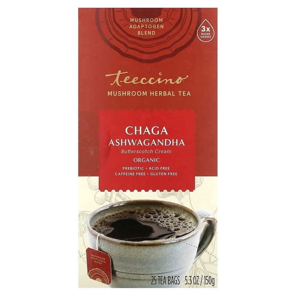 Teeccino, Organic Mushroom Herbal Tea, Chaga Ashwagandha, Butterscotch Cream, Caffeine Free, 25 Tea Bags, 5.3 oz (150 g) Pack of 2