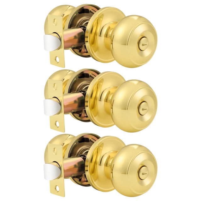 Probrico - Pomos para puerta de privacidad, cerradura interior para dormitorio, baño, manija de puerta de latón pulido, bola redonda, cerradura sin llave, paquete de 3