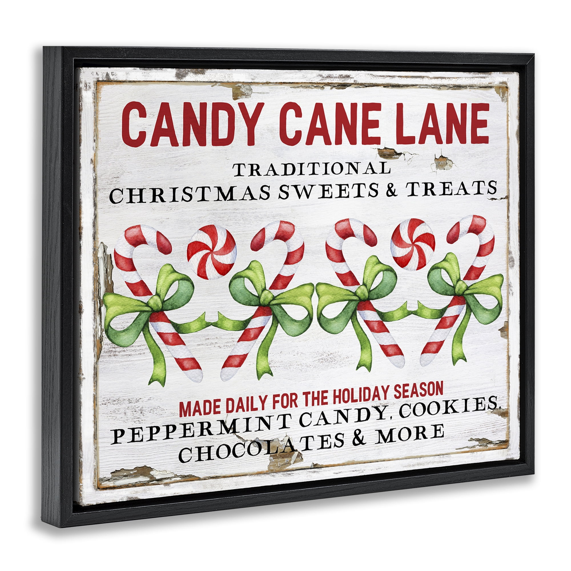 Stupell Industries Candy Cane Lane Sign Holiday Painting Black Floater Framed Canvas Art Prints Wall Art, 21 x 17