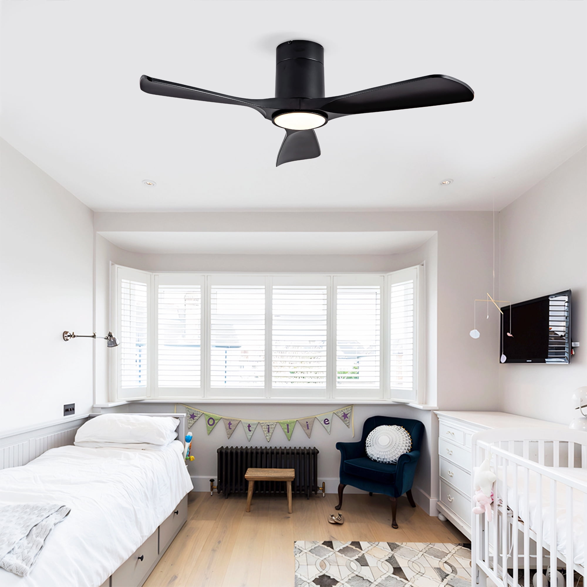 Ceiling Fan with Lights, 42 Inch Flush Mount Remote Control ABS Blades Ceiling Fan for Bedroom Farmhouse Home, Black