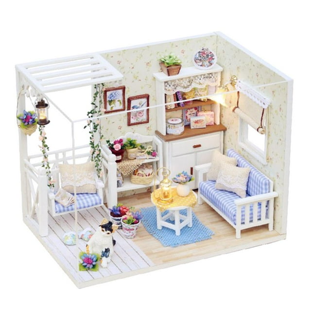 Maison de Poupée Miniature 1/24 avec Meubles de Salon Simulation Chat Cadeau pour