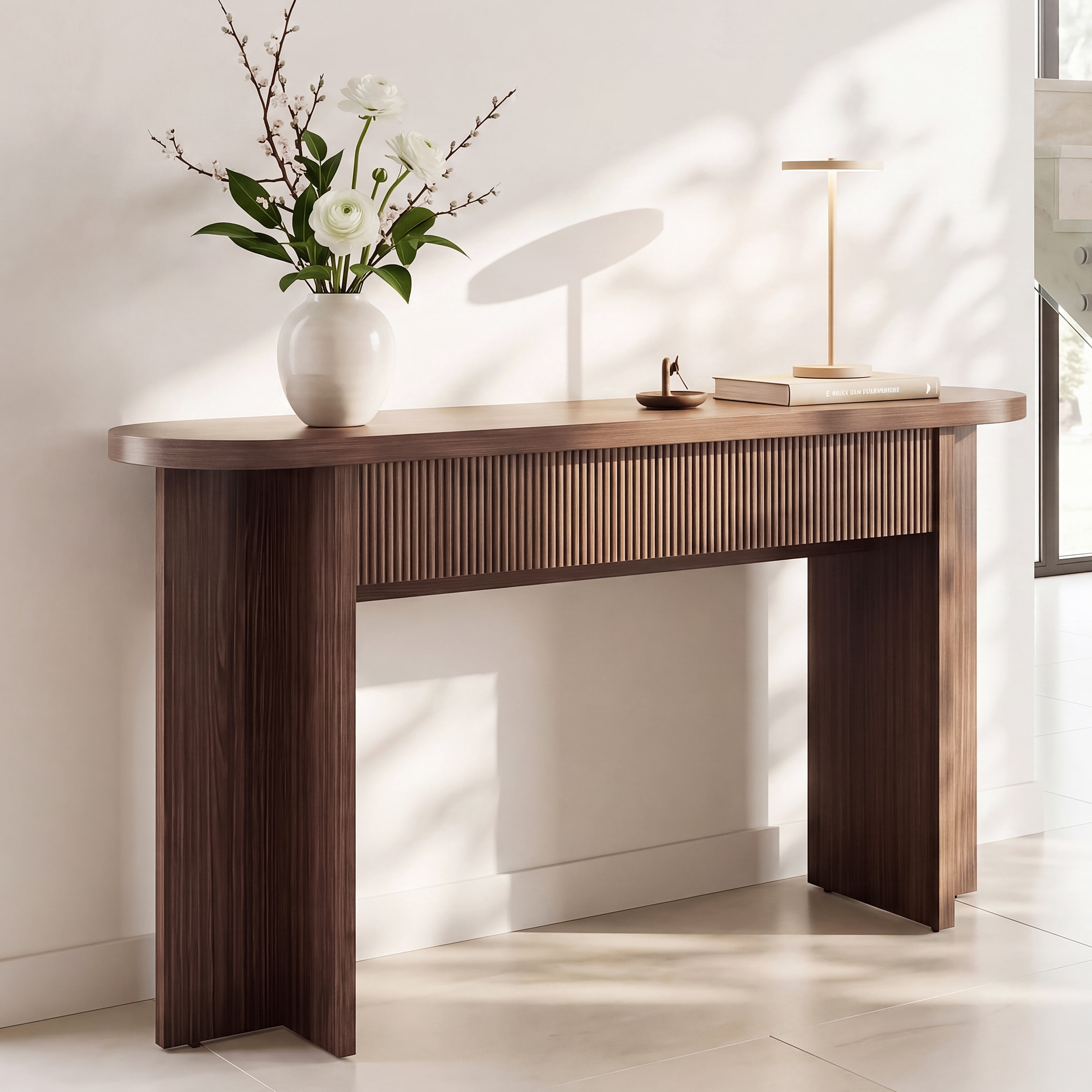Mintazer 55" Fluted Console Table with 2 Drawers, Modern Entryway Tables with Storage, Sofa Table for Entryway Hallway Living Room, Brown