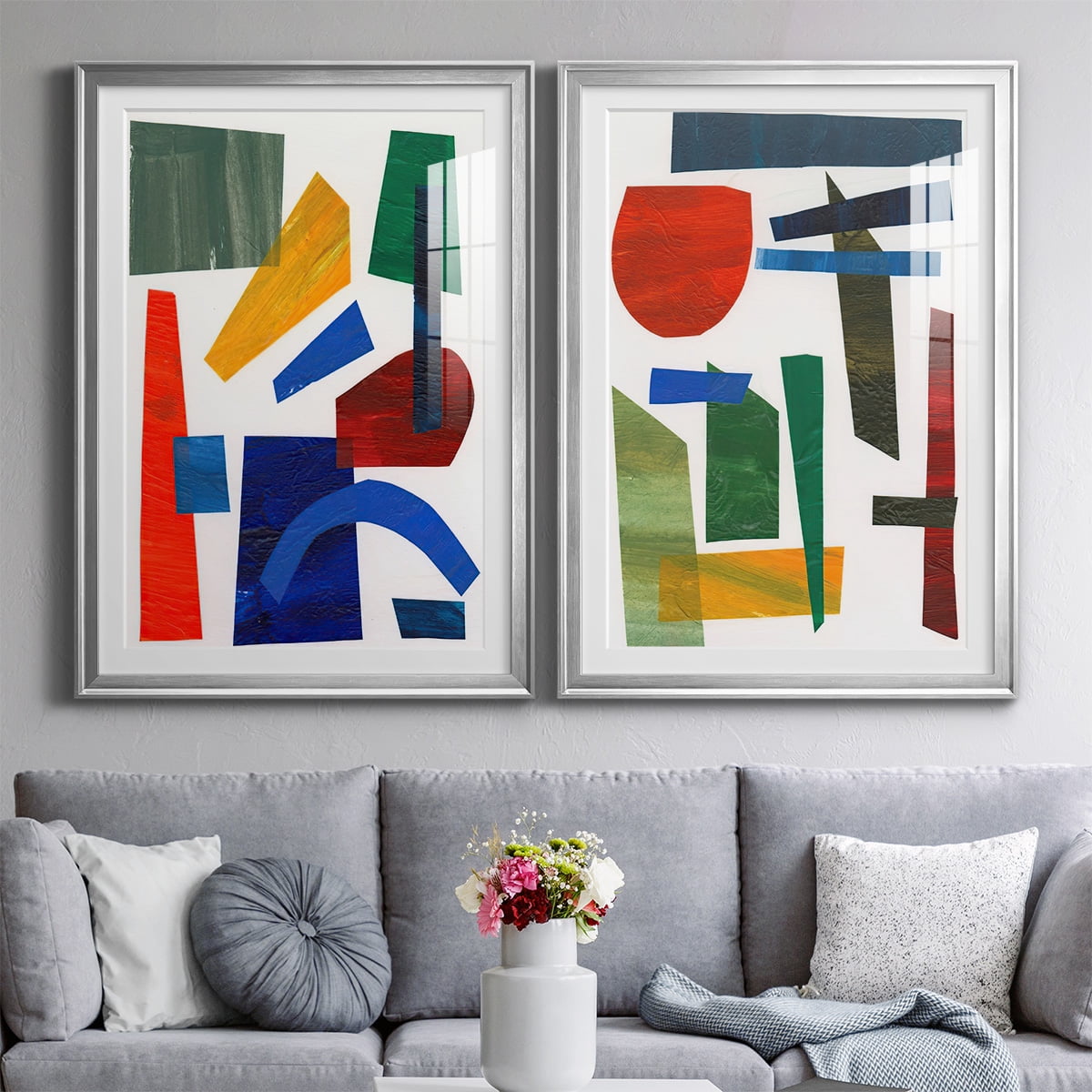 Wexford Home Colorful Shapes I Premium Framed Print, 26.5" x 36.5" - Ready to Hang, Silver (Set of 2)