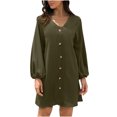 thumbnail image 2 of Gspmoly Robes d'Été, Mode Décontractée Robe Femme à Col en V Ample Couleur Unie Aguichant à Manches Longues Manches Lanterne Robe à Boutons Robes Formelles pour Femmes Liquidation, 2 of 6