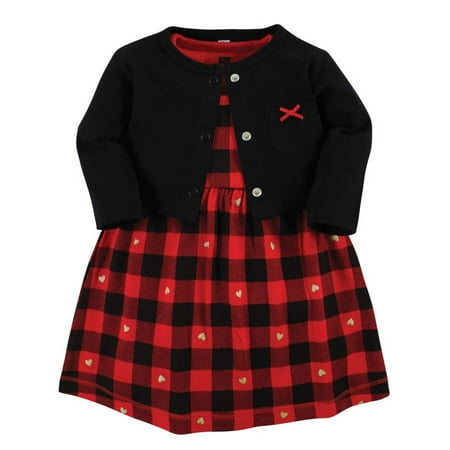 Hudson Baby Baby Girls Cotton Dress and Cardigan Set Gold Heart Buffalo Plaid 3-6 Months