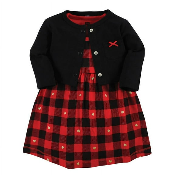 Hudson Baby Baby Girls Cotton Dress and Cardigan Set, Gold Heart Buffalo Plaid, 0-3 Months