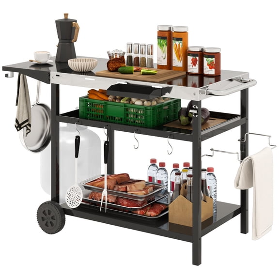 NOBOLEA Outdoor Grill Cart, 3-Tier BBQ Prep Table with Stainless Steel Top, Folding Side Shelf, Hooks and Wheels, Multi-Function Kitchen Island for Patio, Backyard