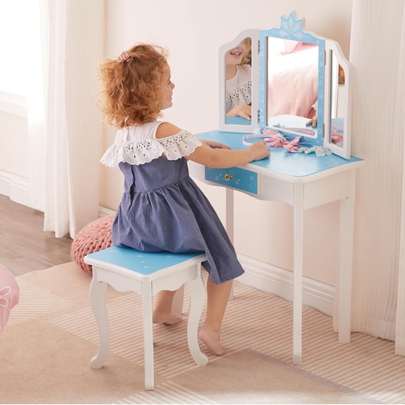 Kids Vanity with Three-Sided Folding Mirror, Snowflake Style Kids Table and Chairs, Toddler Girls Vanity Desk with Single Drawer, Blue