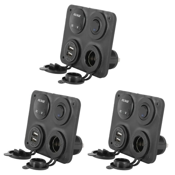 3X 4 Function Panel Dual USB Charger Green LED Volt 12V Power Outlet ON-OFF Switch