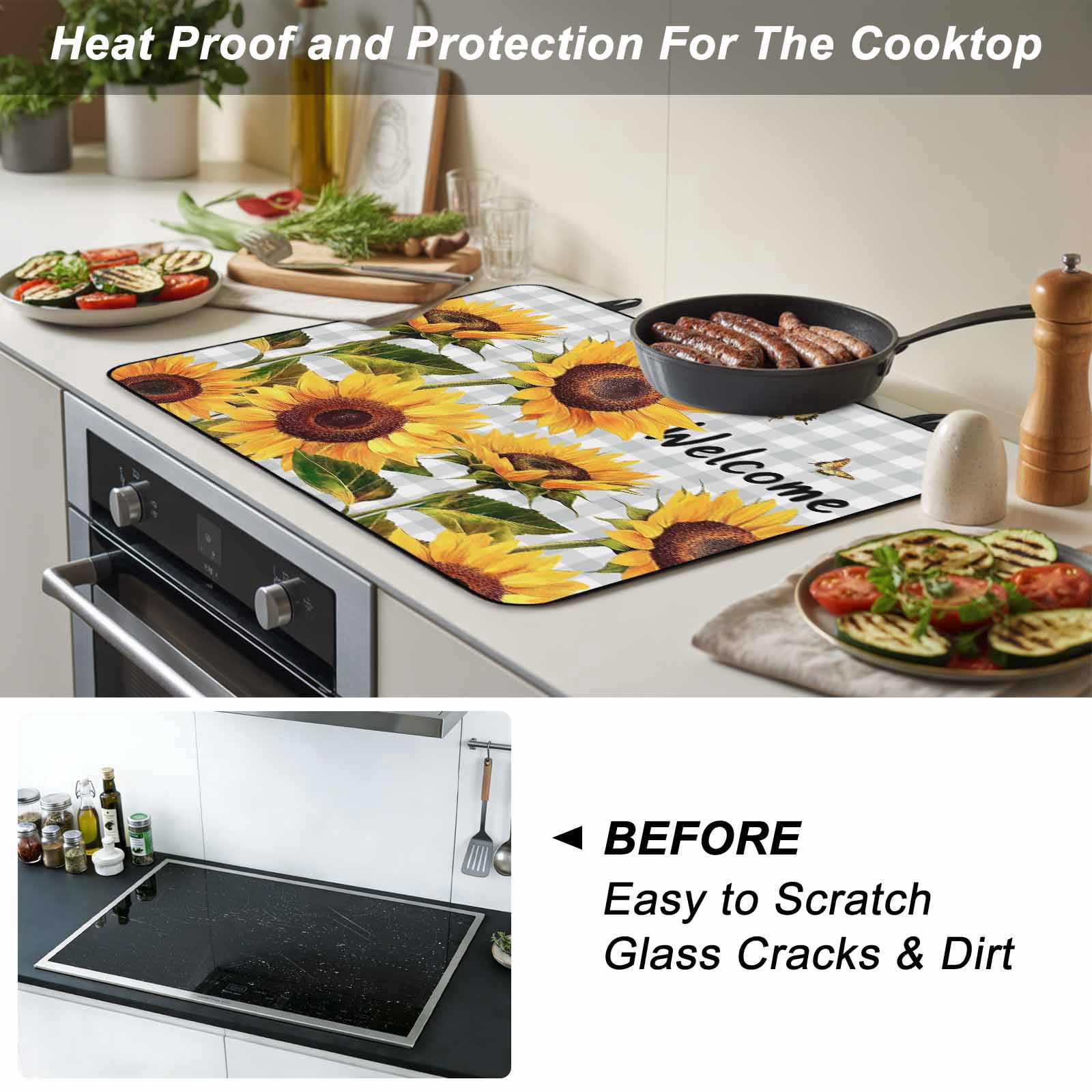 Yellow Sunflower Stove Top Cover for Electric Stove, Heat-proof & Non Slip Glass Top Stove Cover Protector, Butterfly Grey Buffalo Plaid Spring Kitchen Flat Cooktop Rubber Mat 24x21 Inches
