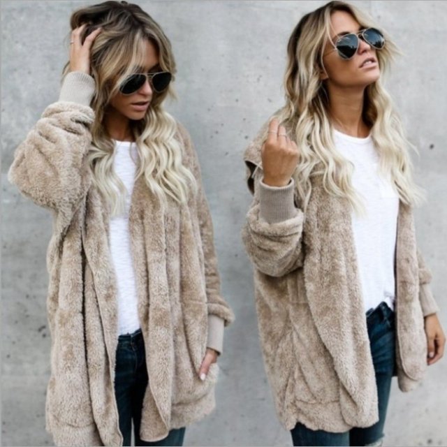 Double Fleece Cardigan Jacket Women Solid Color Long Sleeve Plush Warm