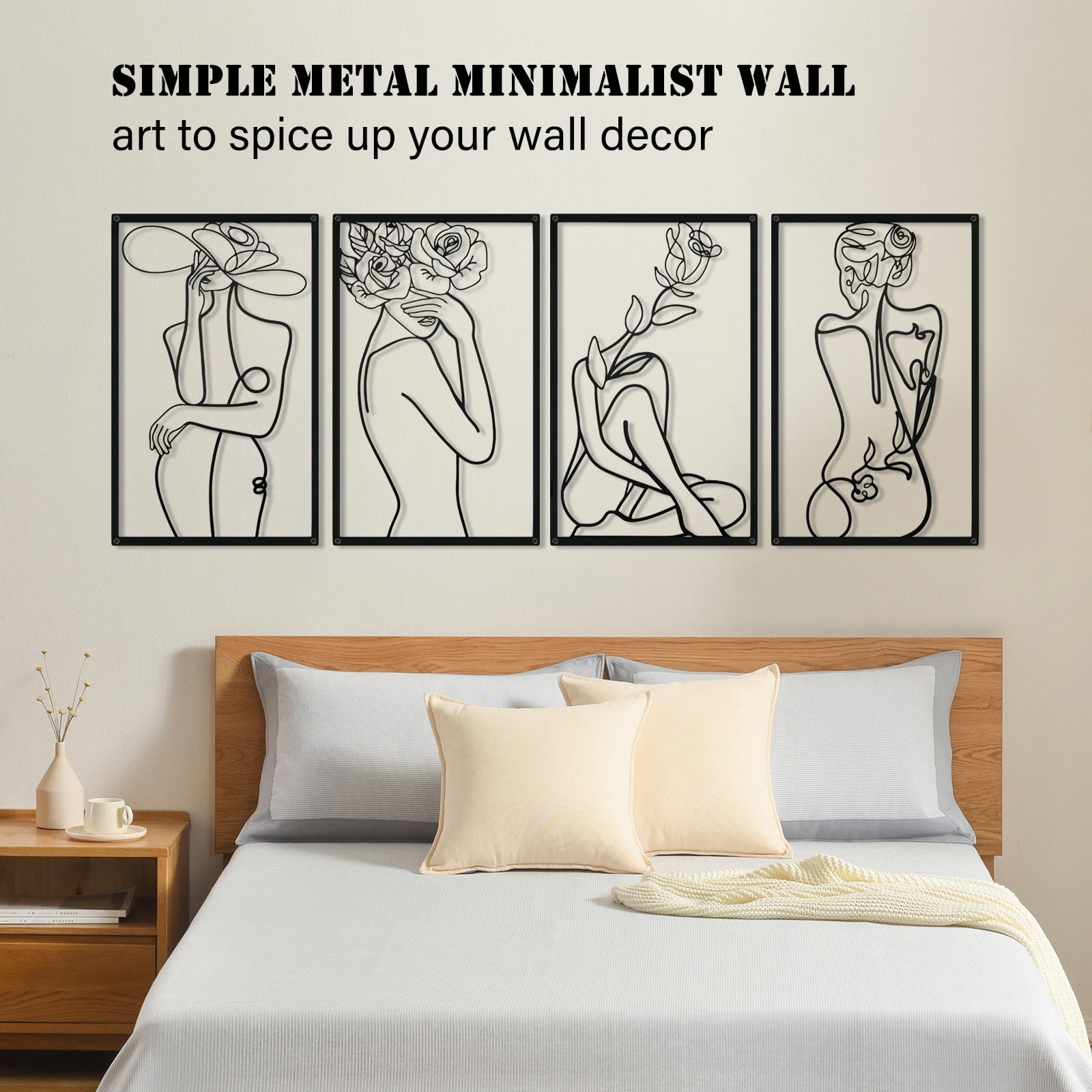 Wall Art Decor for Room Decor, 4 Piece Abstract Metal Wall Art, Female Black Wall Decor, Minimalist Flower Line Wall Hangings for Home Living Room Bedroom Bathroom