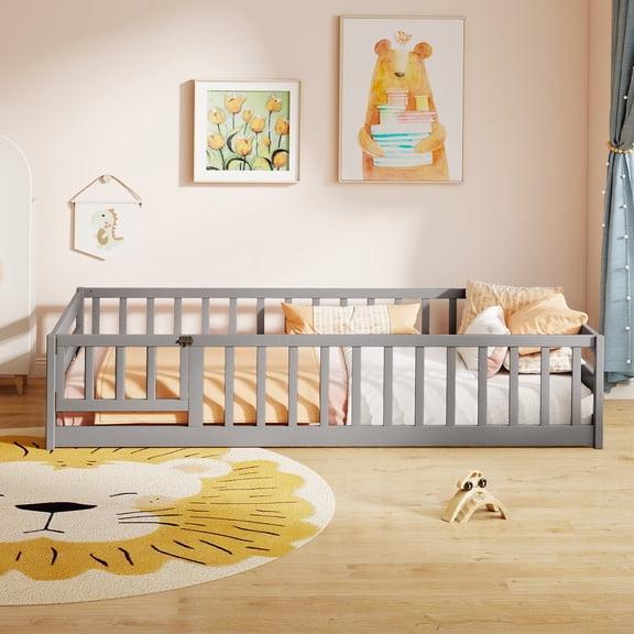 Costway Twin Size Floor Bed with Door & Fence with Safety Guardrails & Slats Support Gray