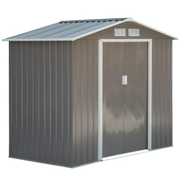 Outsunny 7' x 4' x 6' Garden Storage Shed Outdoor Patio Yard Metal Tool Storage House w/ Steel Foundation Kit and Double Doors Grey