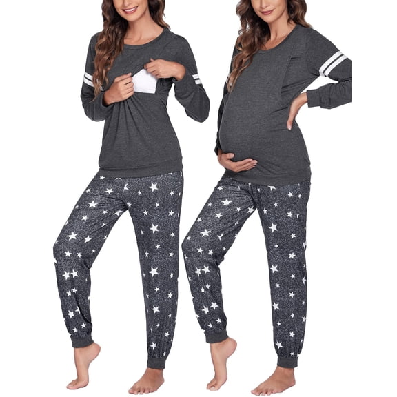 Ekouaer Maternity Pajama Set Nursing Pjs Women Breastfeeding Pregnancy Postpartum Clothes Long Sleeve Top & Pant with Pockets