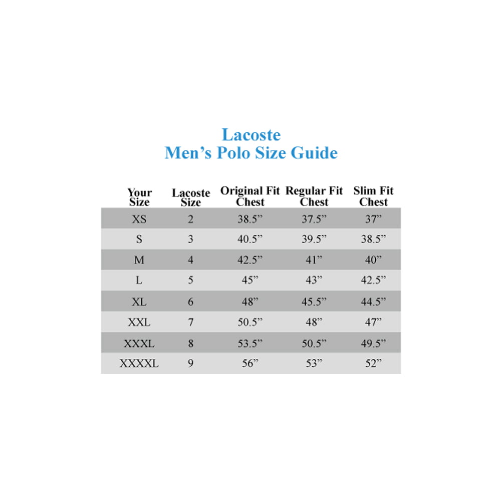 lacoste slim fit polo size chart
