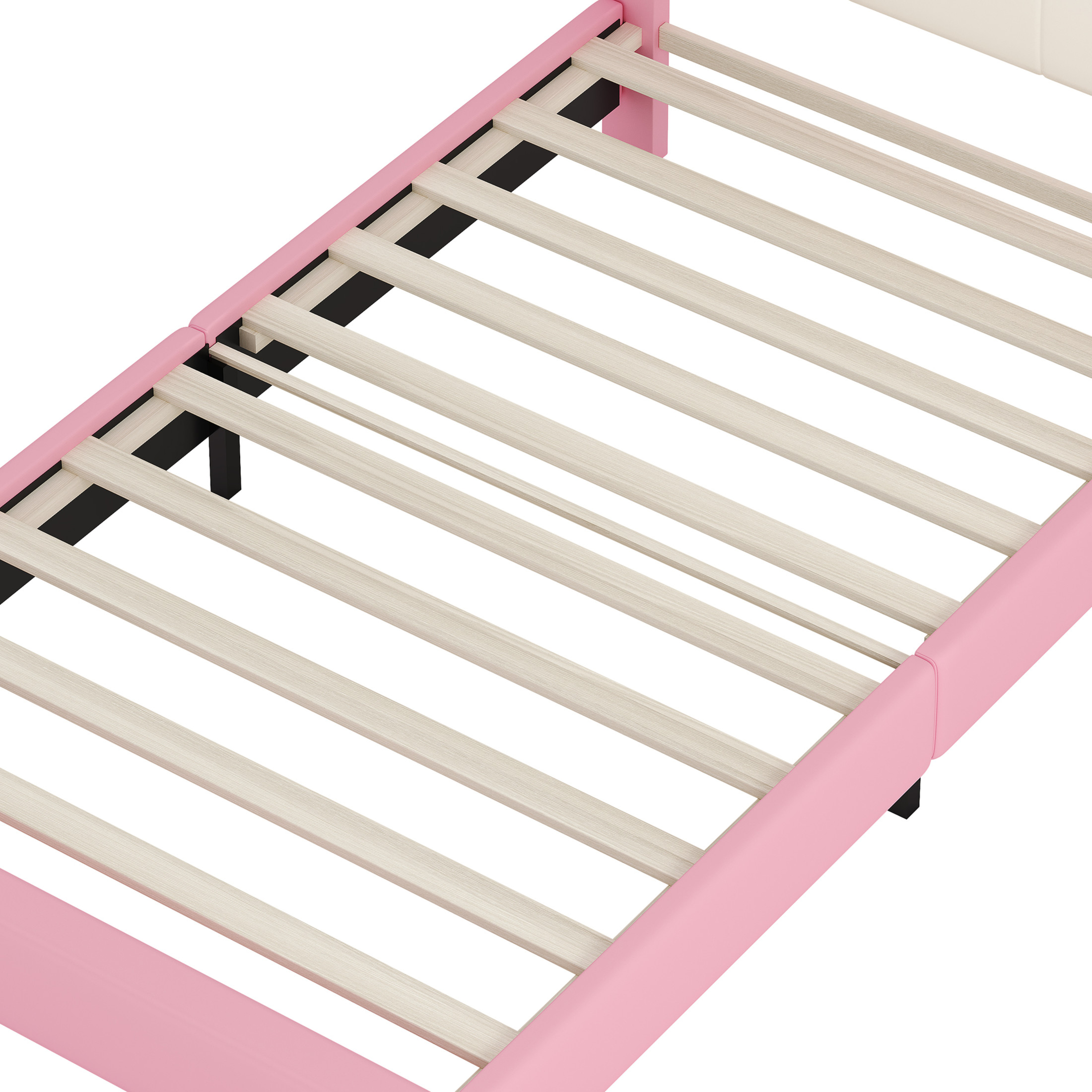 Noble House Twin Size Upholstered Princess Bed with Crown Headboard, Fairy-Tale Platform Bed, Cream + Pink