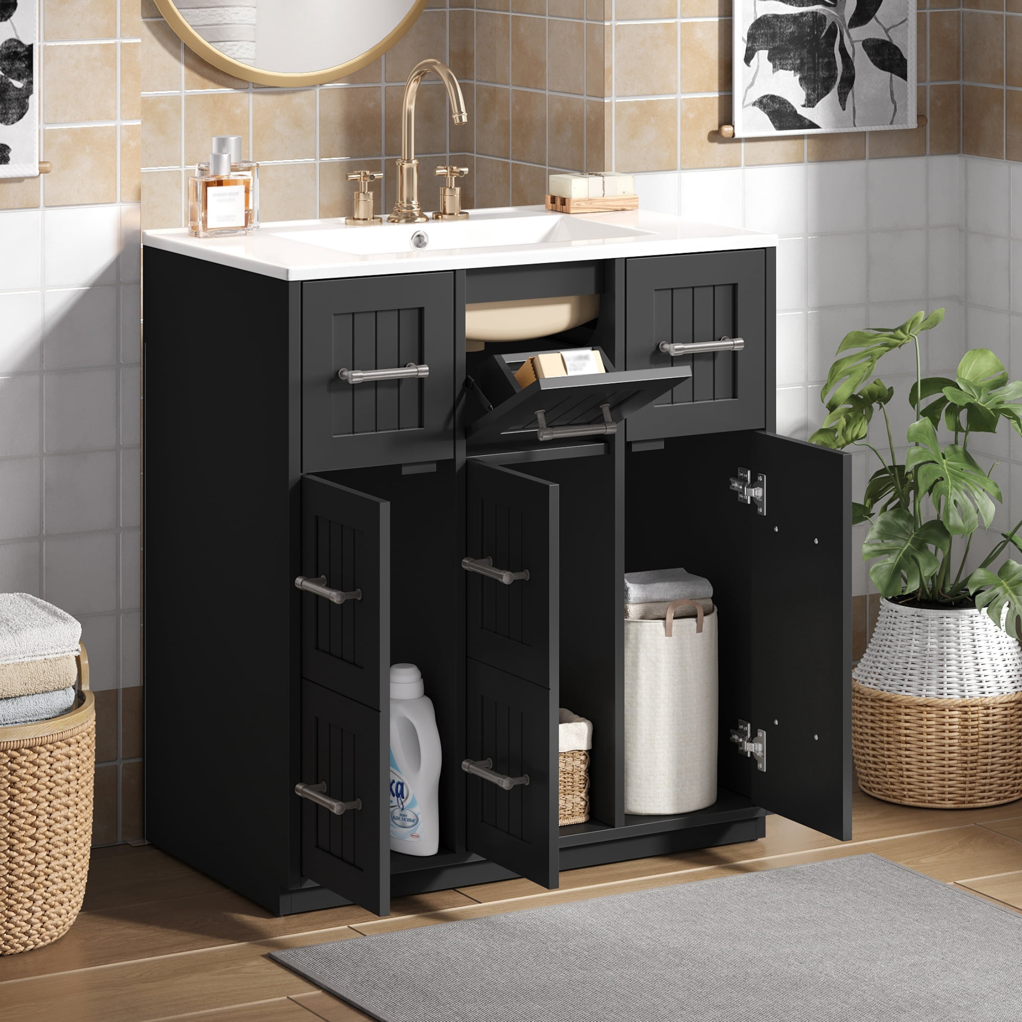 Euroco 30inch Bathroom Vanity with Undermount Sink and Drawers, Painted Surface, Soft-Close Doors, Bathroom Cabinet with Tip-Out Drawer