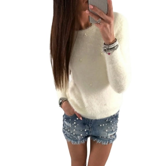 FASHIONWT Women Plus Size Multicolor Fashion Versatile Plush Beaded Long Sleeve Knit Sweater