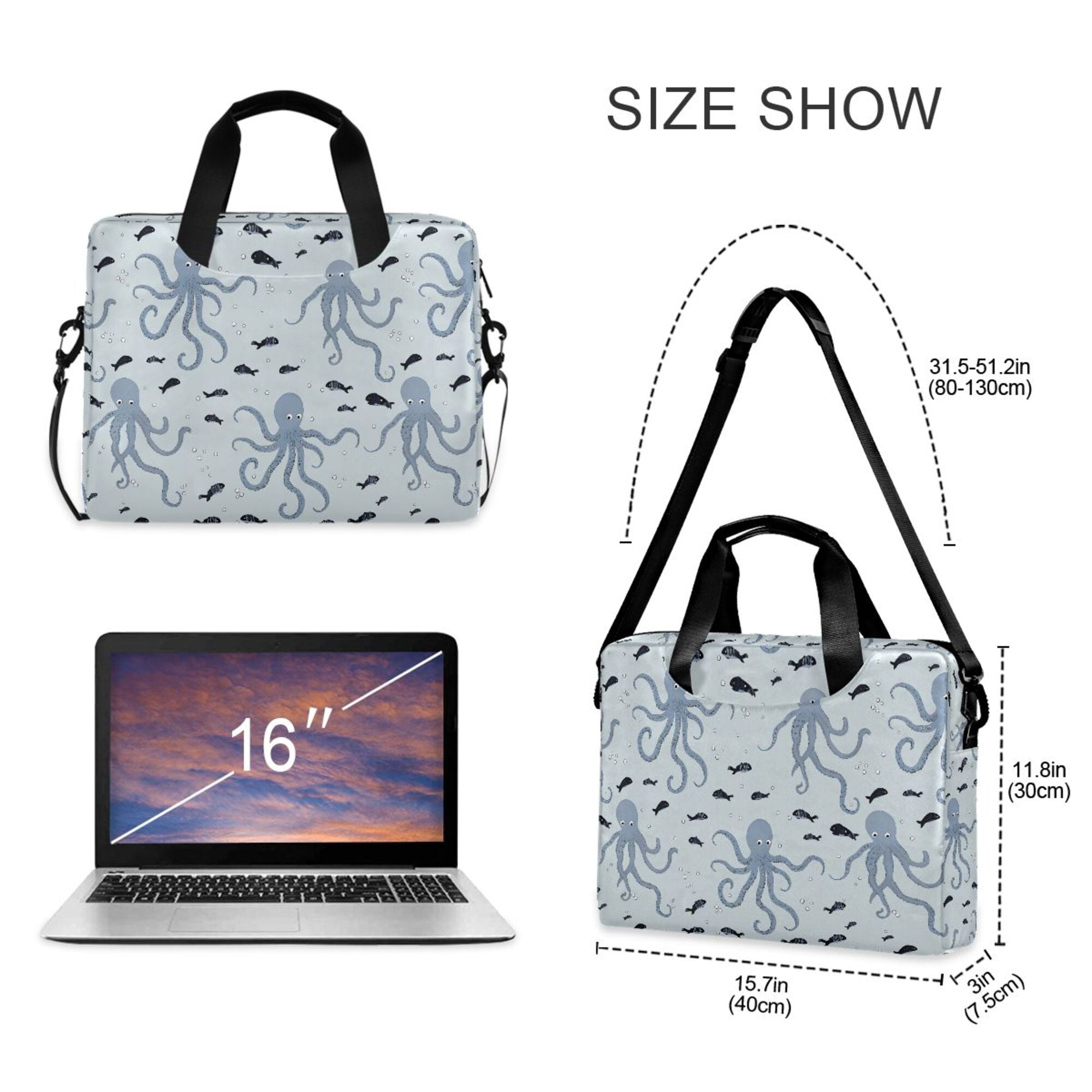FORMRS 16" Laptop Bag Carrying Sleeve Case with Handle Travel Shoulder Briefcase, Blue Octopus Pattern