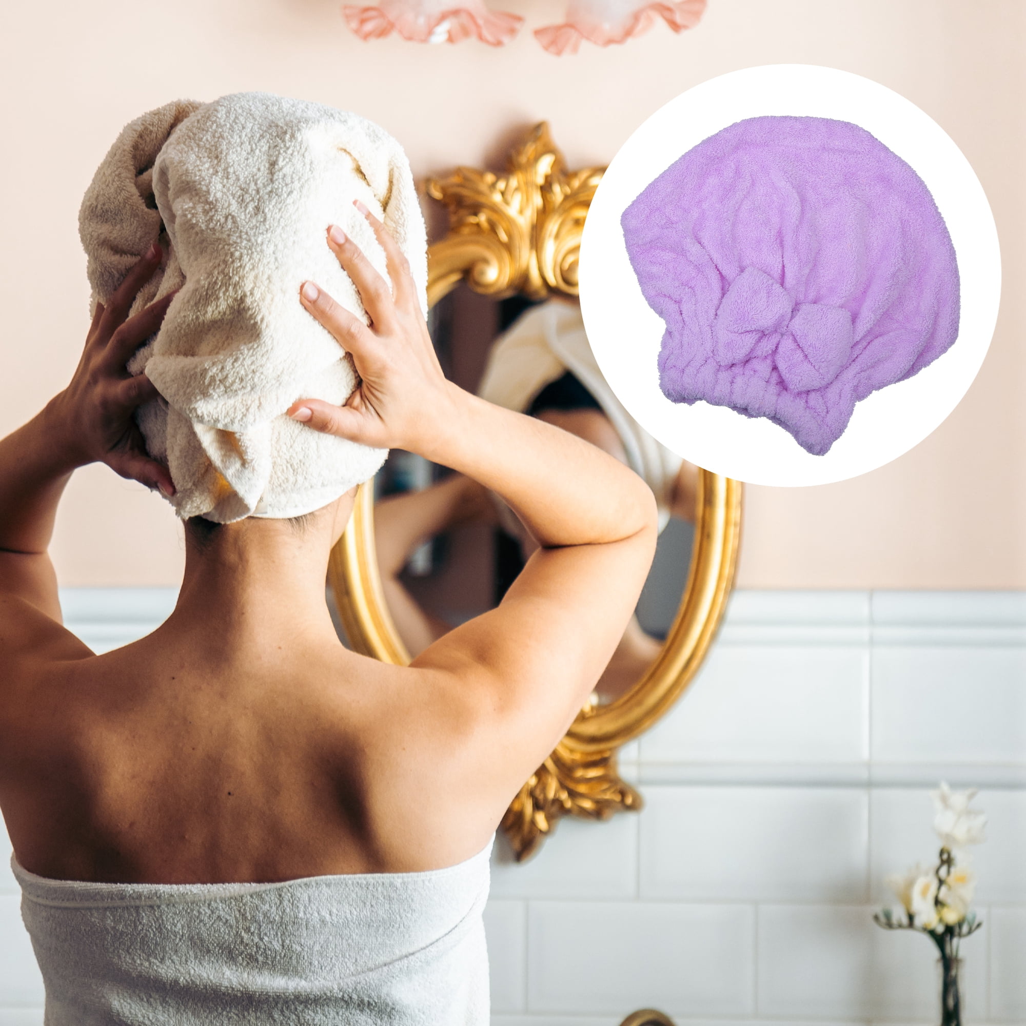 Unique Bargains Coral Fleece Hair Drying Towel Dry Cap 2 Pcs Purple Green