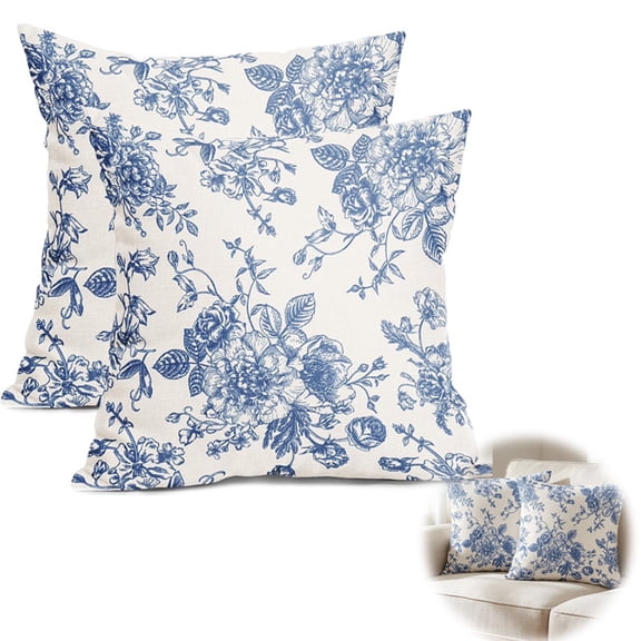 Vintage Blue Floral Pillow Covers – Set of 2 Chinoiserie Decorative Throw Pillow Cases, Cotton Linen Square Cushion Covers for Couch, Bed, Sofa, and Chair(18*18)