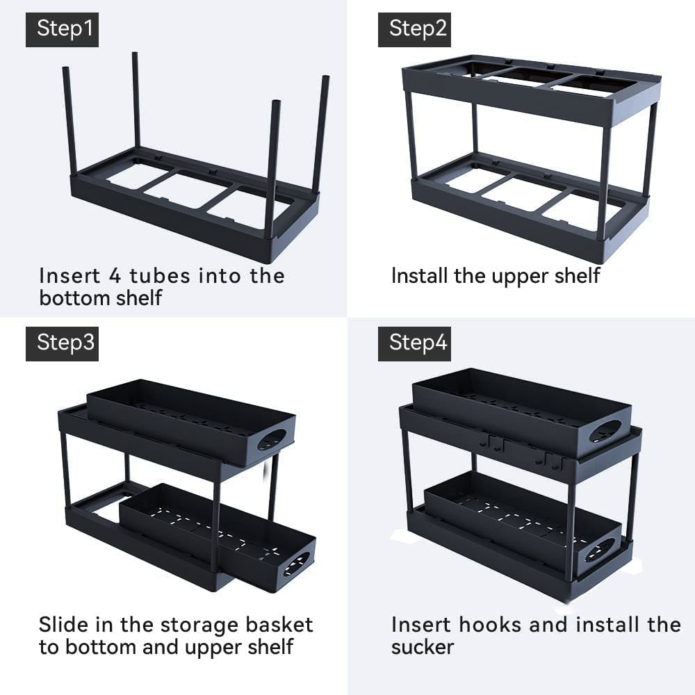Pull Out Under Sink Cabinet Organizer, 2-Tier Sliding Storage Drawer Basket Organizer for Kitchen Bathroom with Hooks