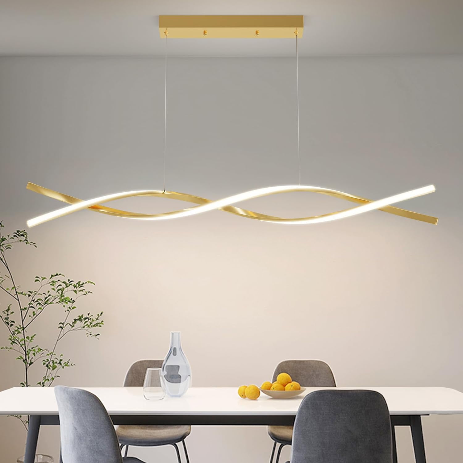 47inch Modern Gold Wave Pendant Light Fixtures Hanging Modern Ceiling Chandelier with Remote Control 3000k-6500K Adjustable Color Temperature
