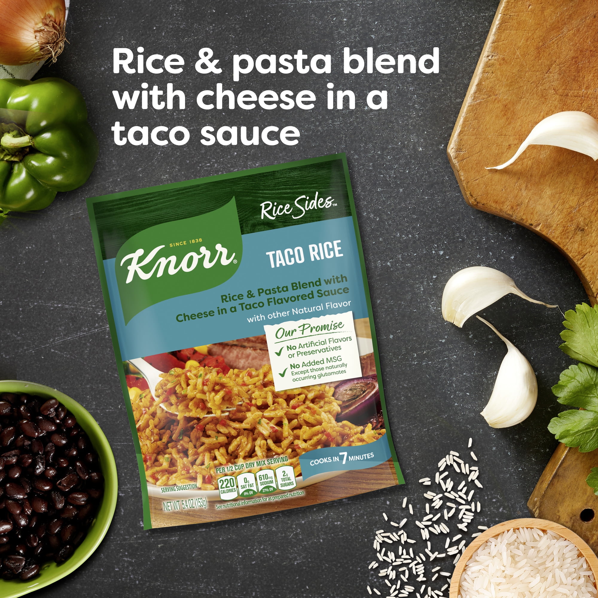 (8 pack) Knorr No Artificial Flavors Creamy Taco Rice Sides Cooks in 7 Minutes, 5.4 oz Regular Pouch