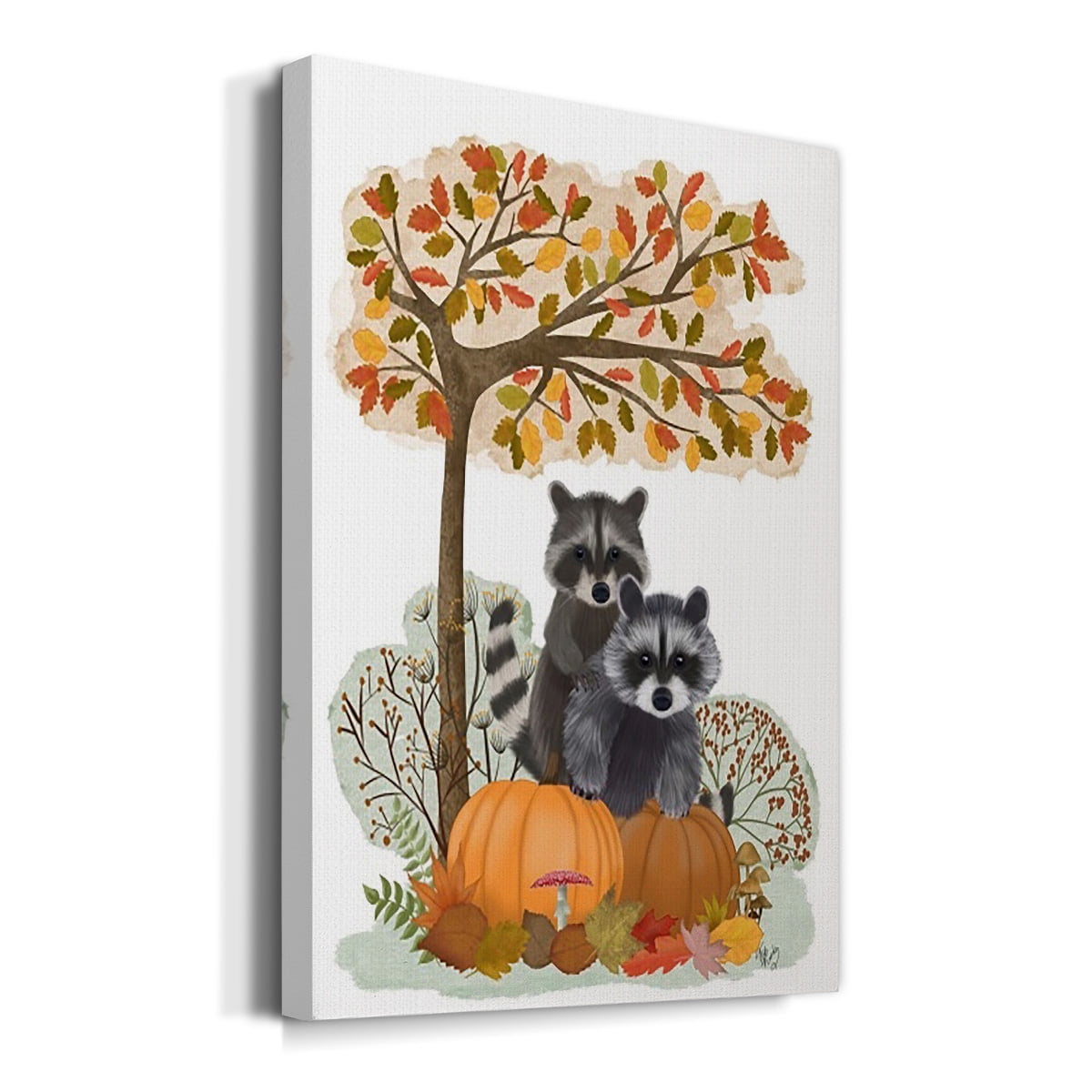 Raccoons On Pumpkins Under Tree Premium Gallery Wrapped Canvas - Ready to Hang