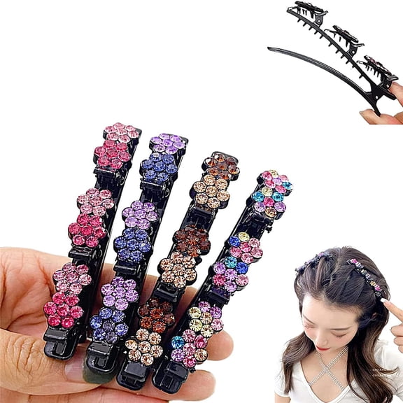 4PCS Sparkling Crystal Stone Braided Hair Clips for Women, Hair Clips for Braids, Satin Fabric Hair Bands with 3 Small Clips, Rhinestones Duckbill Hairpin Triple Barrette for Sectioning