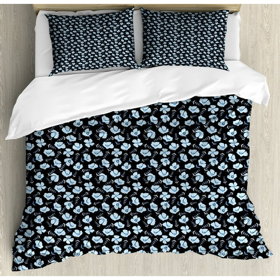 Floral Duvet Cover Set, Pastel Daisy Iris Gardening Beauty Flower Perennial Plants Botanical, Decorative 3 Piece Bedding Set with 2 Pillow Shams, Calking Size, Dark Indigo Pale Blue, by Ambesonne