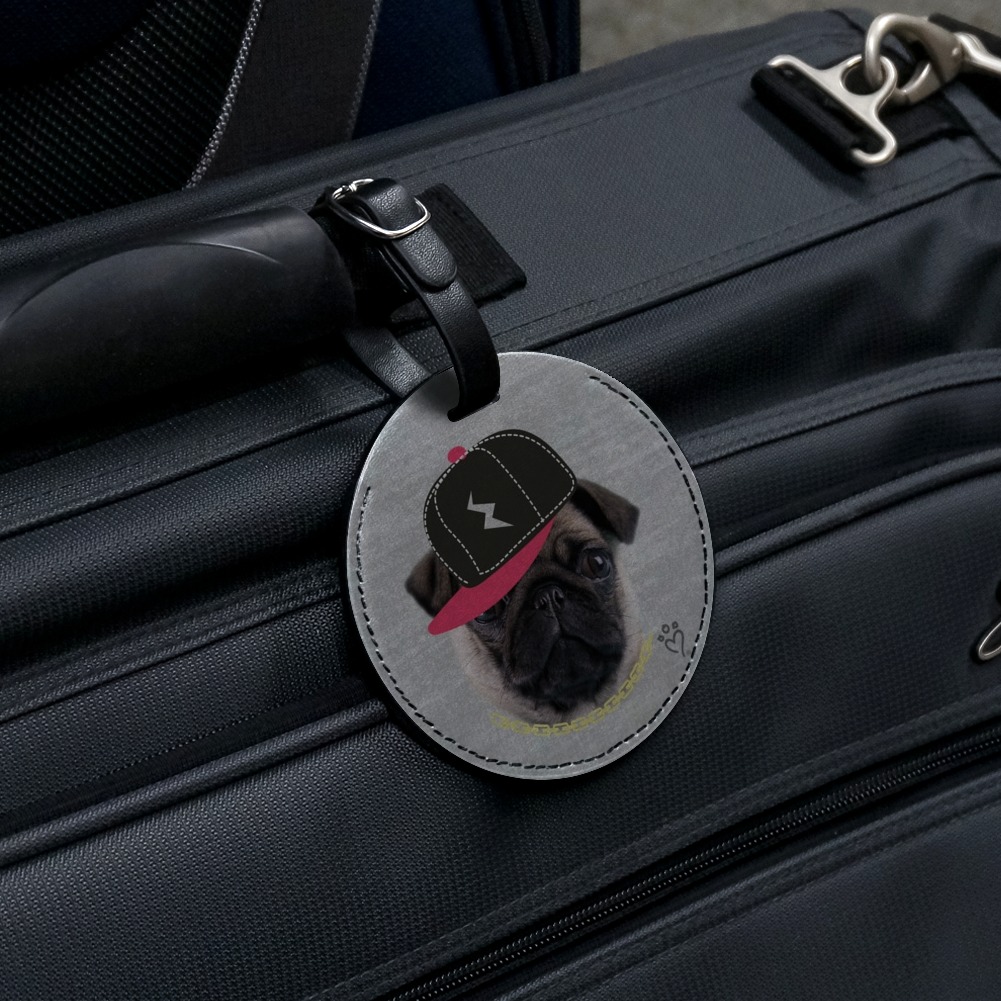 Tough Pug Puppy Dog in Cap Hat Round Leather Luggage Card Suitcase Carry-On ID Tag - image 5 of 8