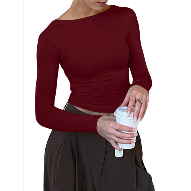 Womens Crewneck Long Sleeve Shirt Double Lined Basic Tees Side Ruched Going Out Crop Tops Wine Red L