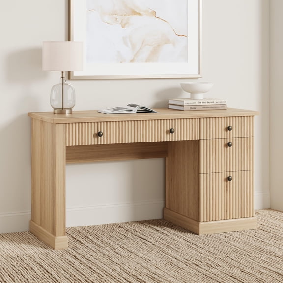 54" Fluted Modern Executive Desk with Charging Station - Wooden Home Office Desk with File Cabinet & Drawers for Study, Living Room & Bedroom-Burlywood