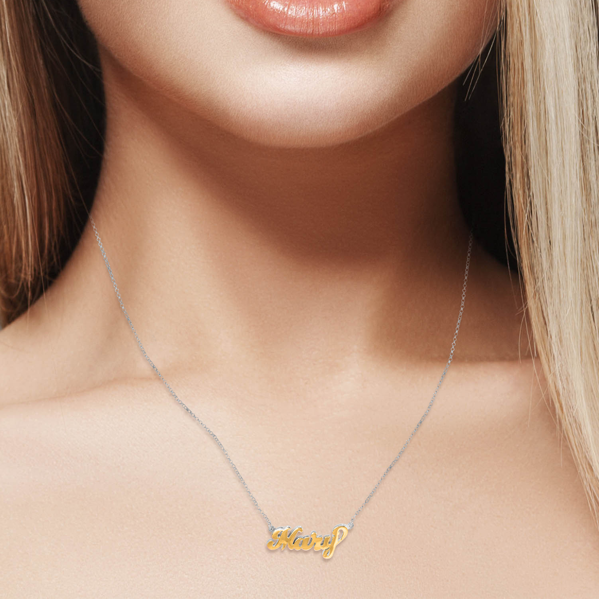 14Kt Solid Gold & Sterling Silver Personalized Double 3 D Name Necklace with Sterling Silver Rollo Chain