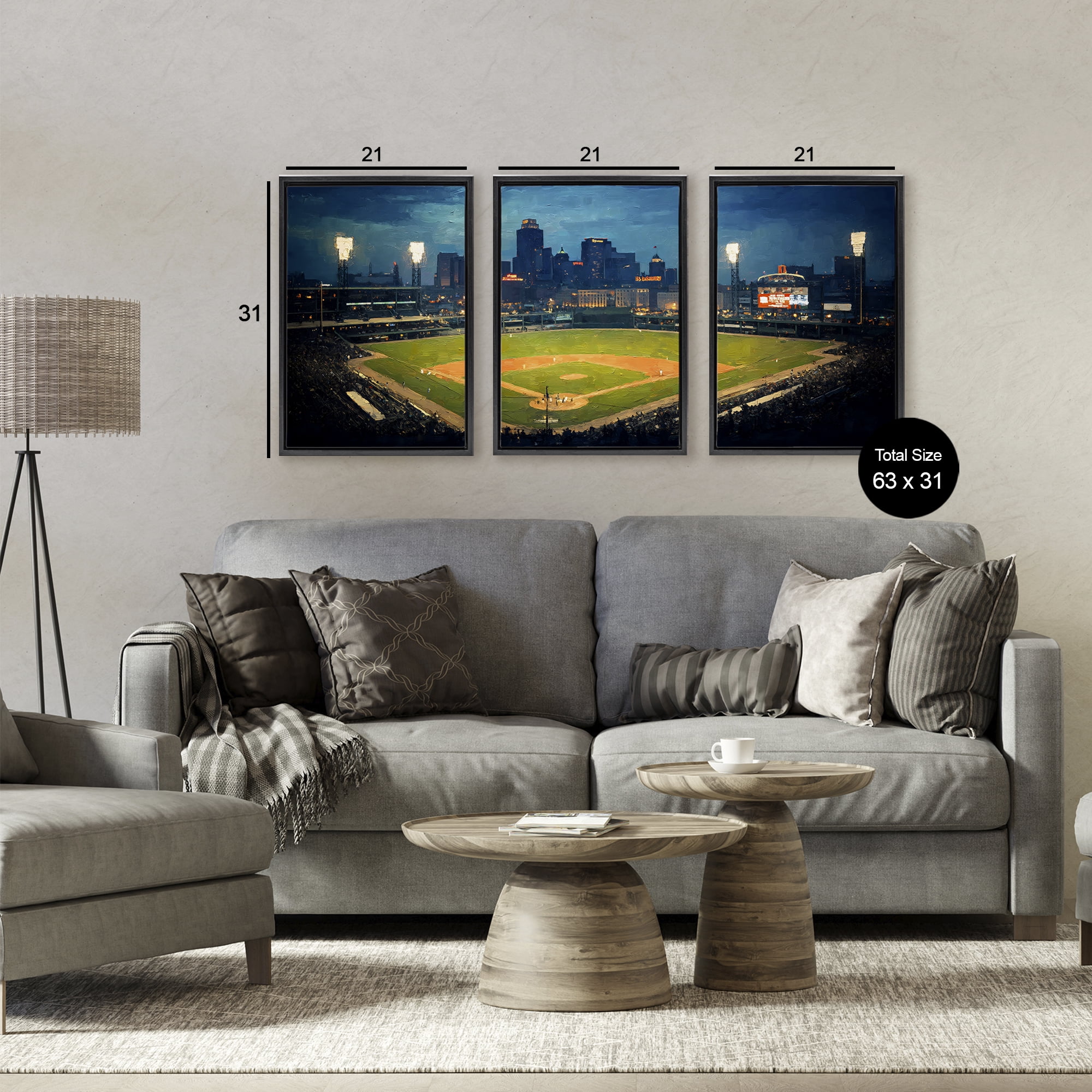 Stupell Industries Baseball Stadium Night View 3 Piece Black Framed Floater Canvas Set, design by Arlington Prints