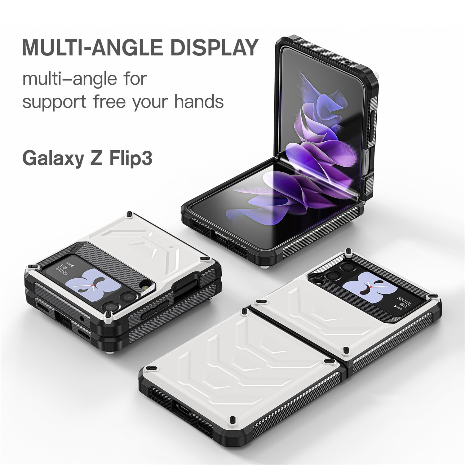 Nalacover for Samsung Galaxy Z Flip 3 Wireless Charging Case,Full-Body Protection Military Grade Heavy Duty Rugged Hard PC Armored Dual Layer Built-in Screen Protector Shockproof Cover.White