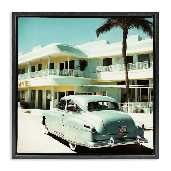 Stupell Industries Classic Car at Motel Transportation Painting Black Floater Framed Canvas Art Print Wall Art, 18 x 18