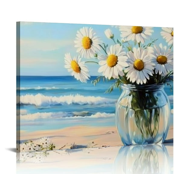 FCXZI Floral Canvas Wall Art White Daisy in Vase Near Beach Flowers Picture Wall Decor Ready to Hang 16x12in