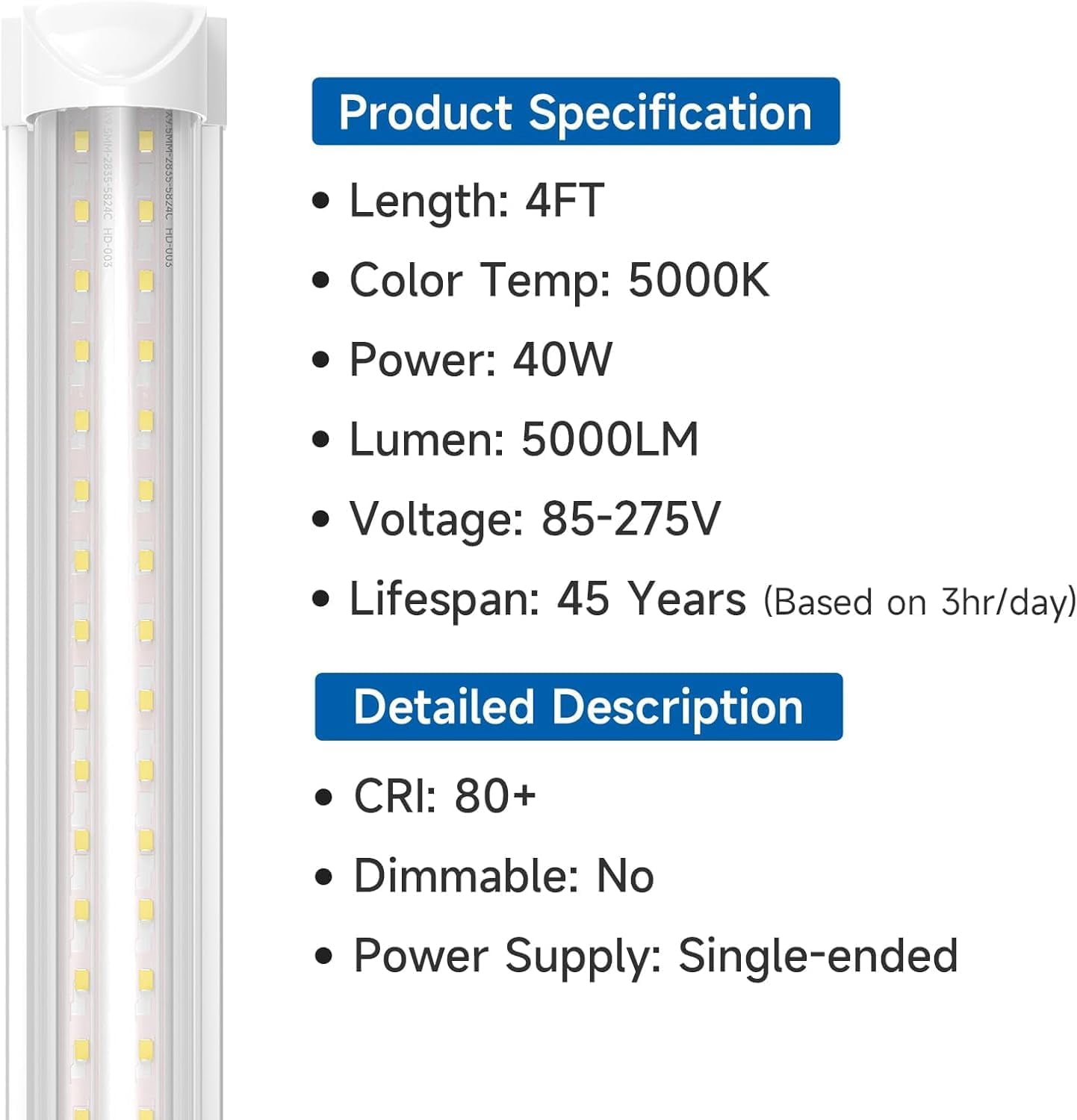 SHINESTAR 4FT Led Shop Lights, 40W 5000LM, 5000K Bright Light, Energy-Saving, Linkable T8 Light Tube Integrated Fixture for Workshop Garage Basement, 20 Pack
