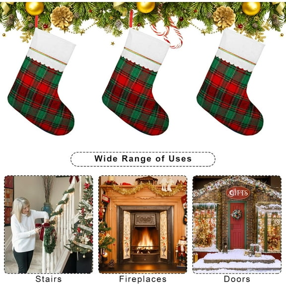 3 Pack Christmas Felt Stockings Buffalo Plaid Xmas Stockings 15 Inches Xmas Hanging Stockings Holiday Party Favors Stockings for Christmas Tree Fireplace Decoration